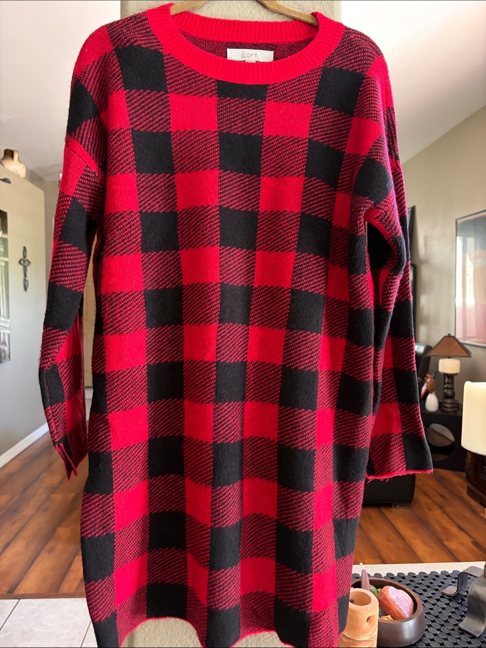 LOFT Red and Black Buffalo Plaid Crewneck Sweater Dress